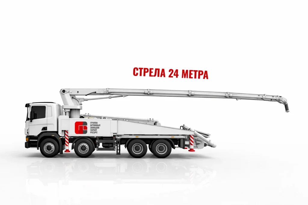 Автобетононасос со стрелой 24 м для подачи бетона на строительном объекте в Одинцово